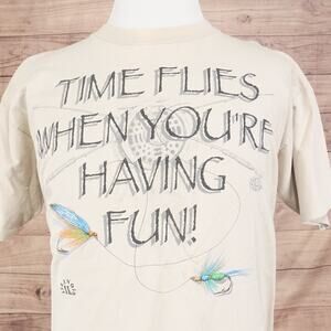 VINTAGE FISHING TIME FLIES WHEN YOU'RE HAVING FUN SINGLE‎ STITCH TSHIRT XL USA